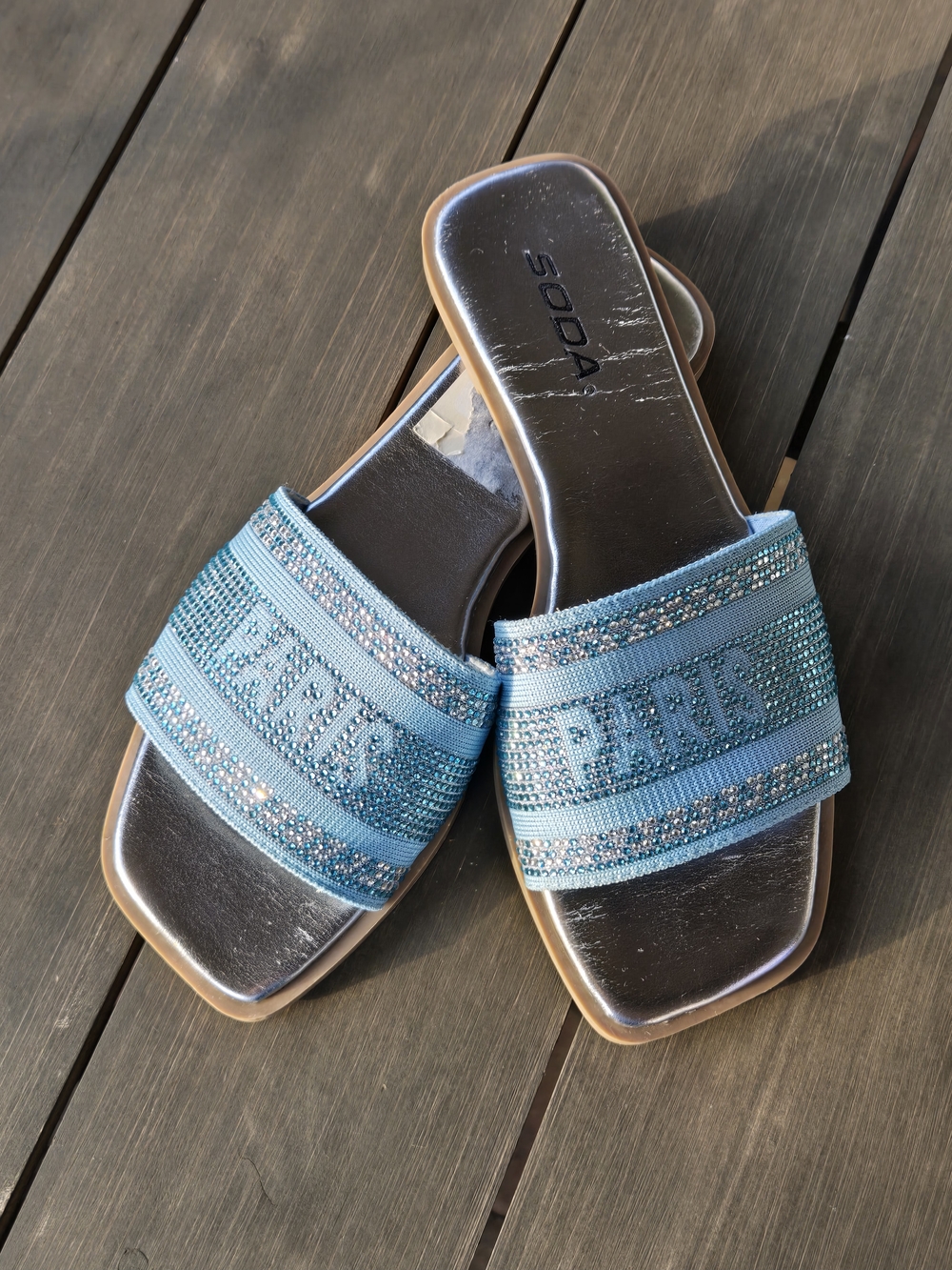 Soda FLAIR Paris Embroidered Denim Blue Slide Sandals - Women’s Size 7.5